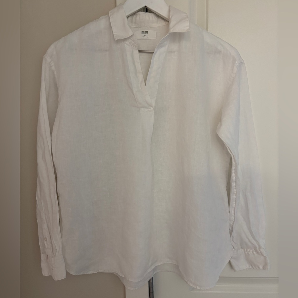 Uniqlo Women’s 100% Linen White Collared Pop-Over Long Sleeve Shirt, XS